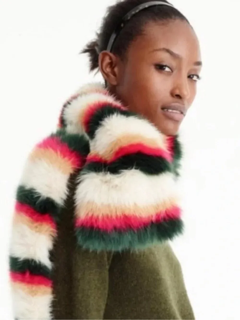 J Crew Faux Fur Stole Scarf w/ Rib-Knit Beanie w/ Multi-Colored Faux-Fur Pom-Pom